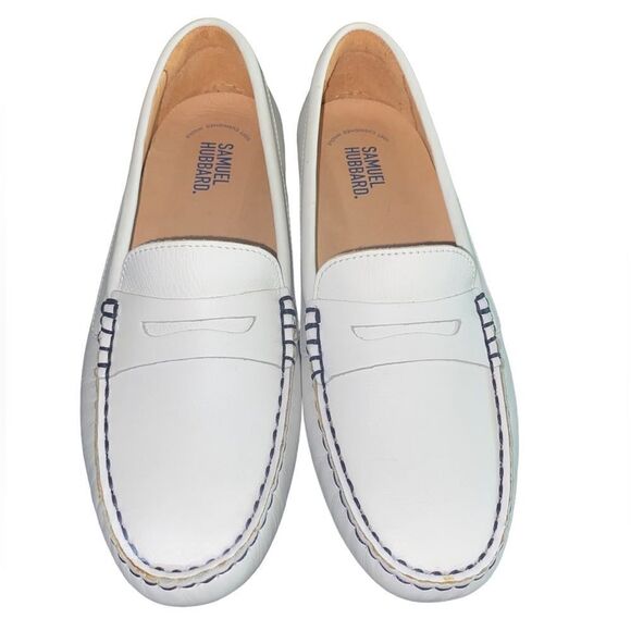 Samuel Hubbard Wm’s Sz 7 White Black Stitched Free Spirit Driving Moccasin Shoes - Picture 2 of 6